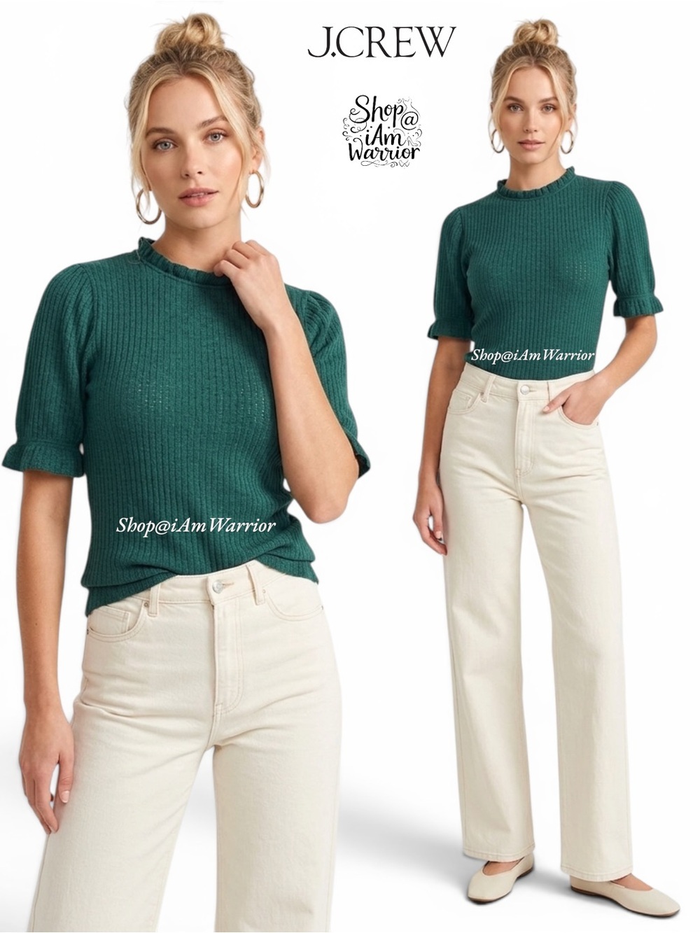 J.Crew teal/Evergreen pointelle ruffle trim sweater *shop@ianwarrior